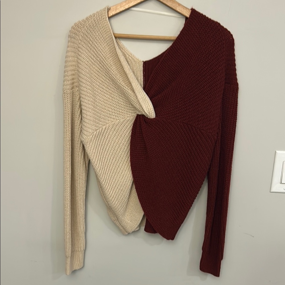 Two-Tone Knit Sweater - Cream and Burgundy size Large